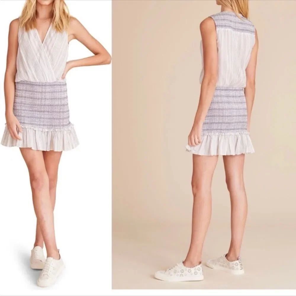 Veronica Beard Cox Smocked Dress in Off-White/Blue  $295